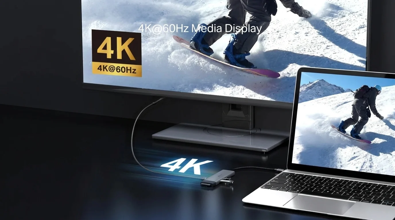 USB rozbočovač TP-Link připojený k notebooku přenáší obraz v rozlišení 4K při 60 Hz na velký monitor.