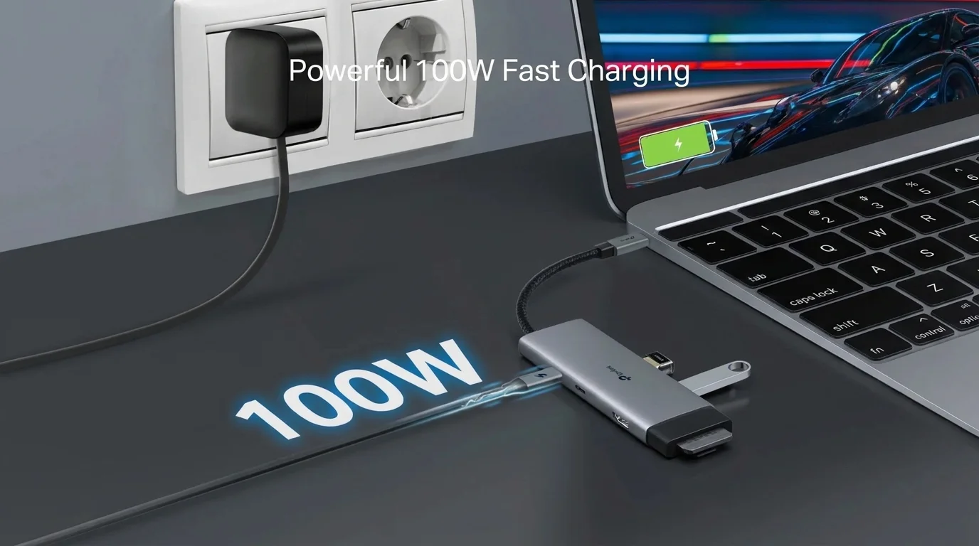 USB rozbočovač TP-Link připojený k notebooku a síťovému adaptéru s grafickým znázorněním 100W rychlého nabíjení.