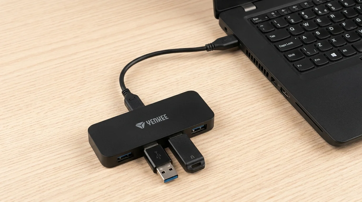 Čierny USB rozbočovač Yenkee pripojený k notebooku s dvoma zapojenými USB kľúčmi na drevenom stole.
