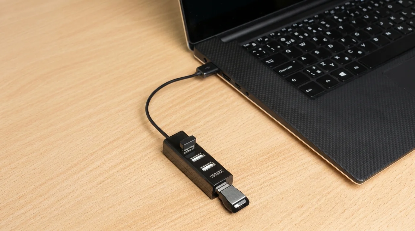 Černý USB rozbočovač Yenkee připojený k notebooku na dřevěném stole se dvěma zapojenými flash disky.