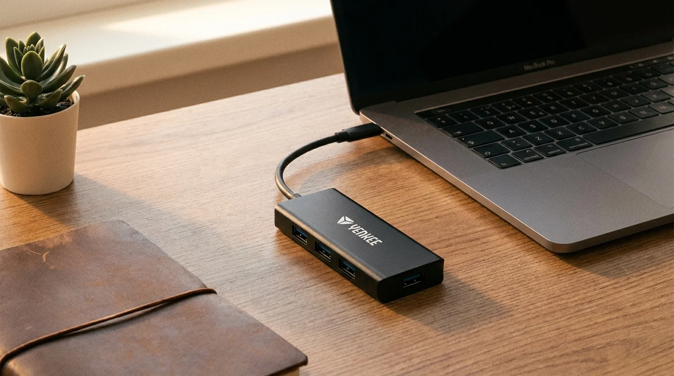 Černý USB rozbočovač Yenkee YHB C430 připojený k notebooku na dřevěném stole vedle koženého zápisníku a sukulentu.