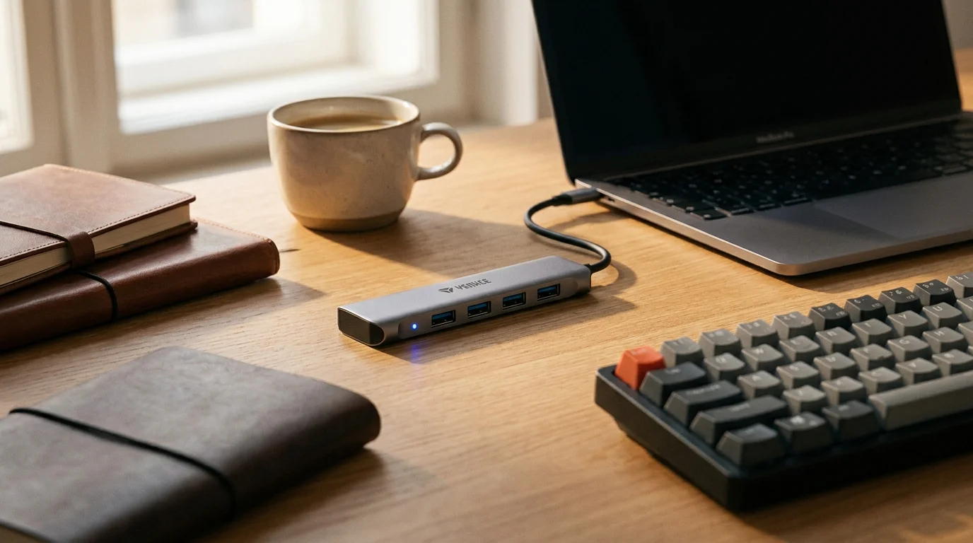 Sivý USB rozbočovač Yenkee YHB 4300 so štyrmi portmi a modrým LED svetlom pripojený k notebooku na drevenom stole.
