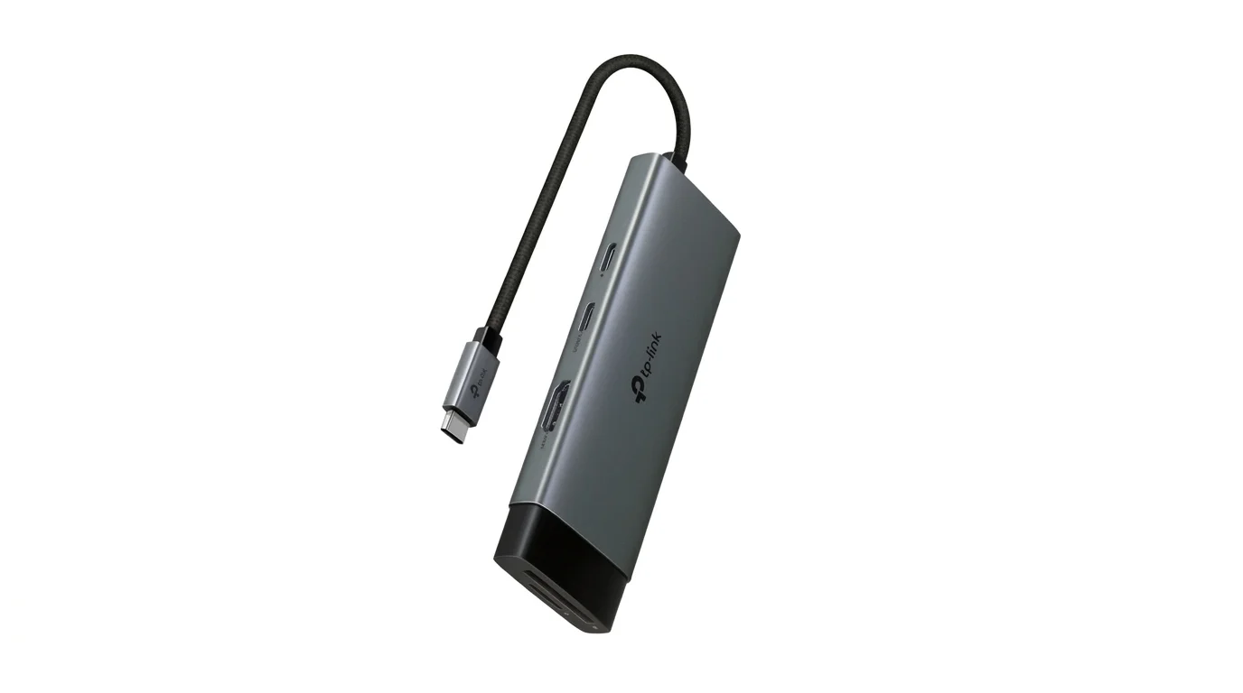 Šedý USB rozbočovač TP-Link UH7020C s černým kabelem USB-C na bílém pozadí.