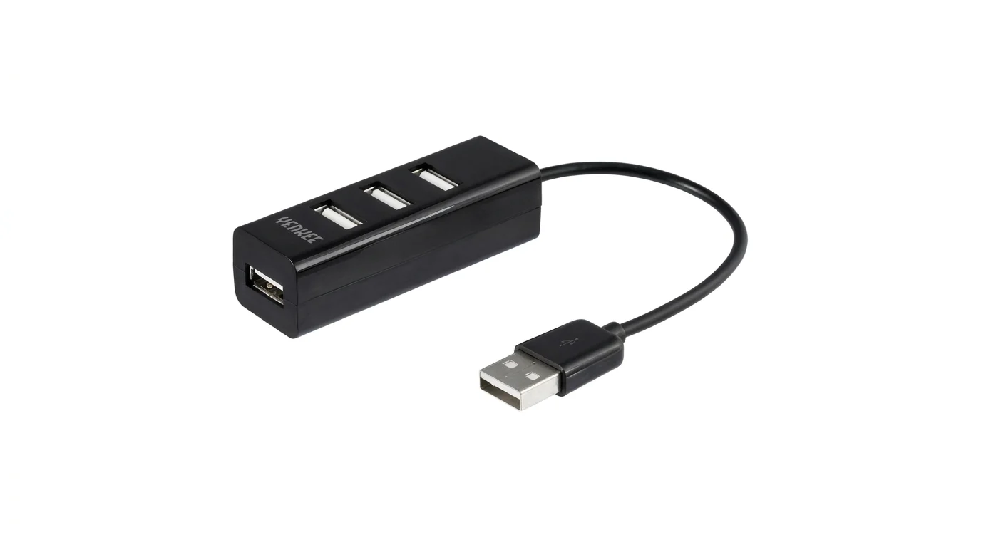 Černý USB rozbočovač Yenkee YHB C430 se čtyřmi porty a integrovaným kabelem.