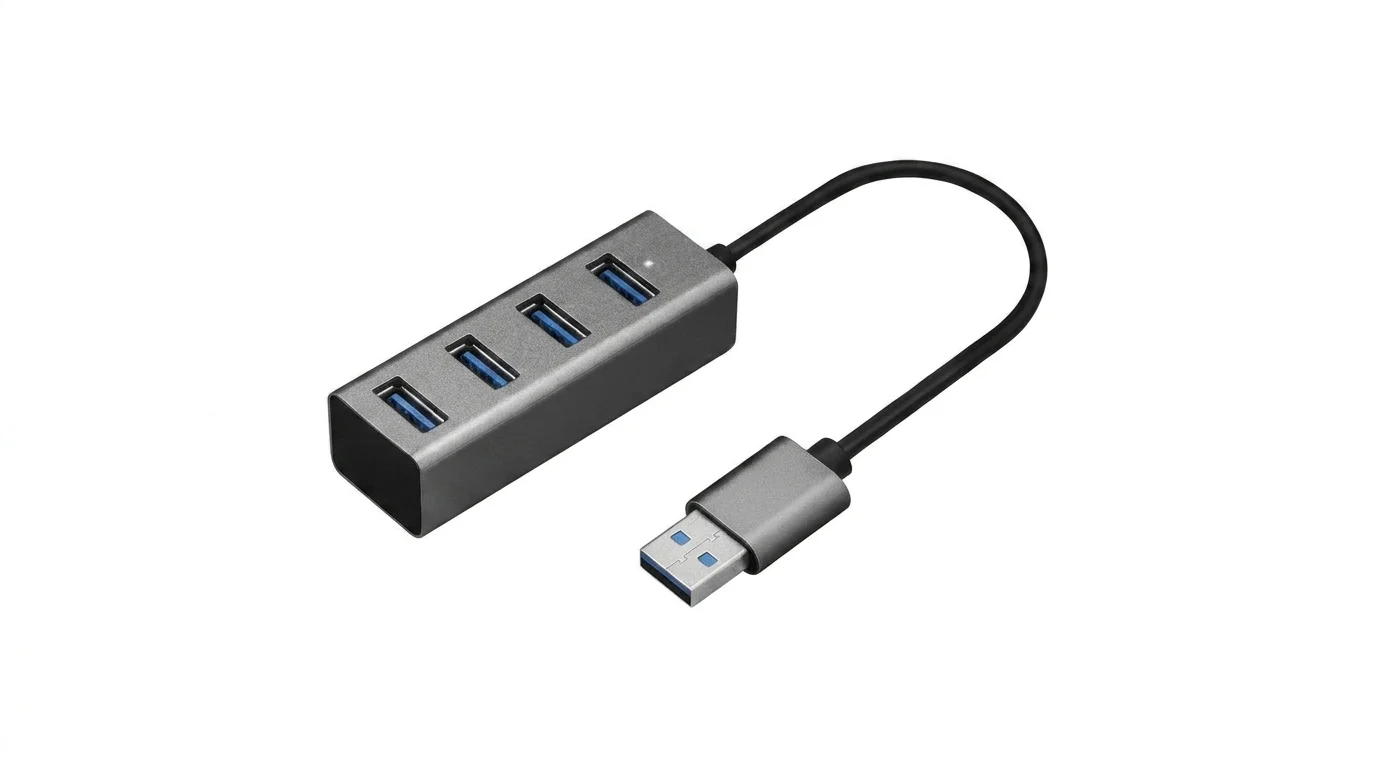 Hliníkový USB rozbočovač Yenkee YHB 4300 so štyrmi portami USB 3.0 a pripájacím káblom.