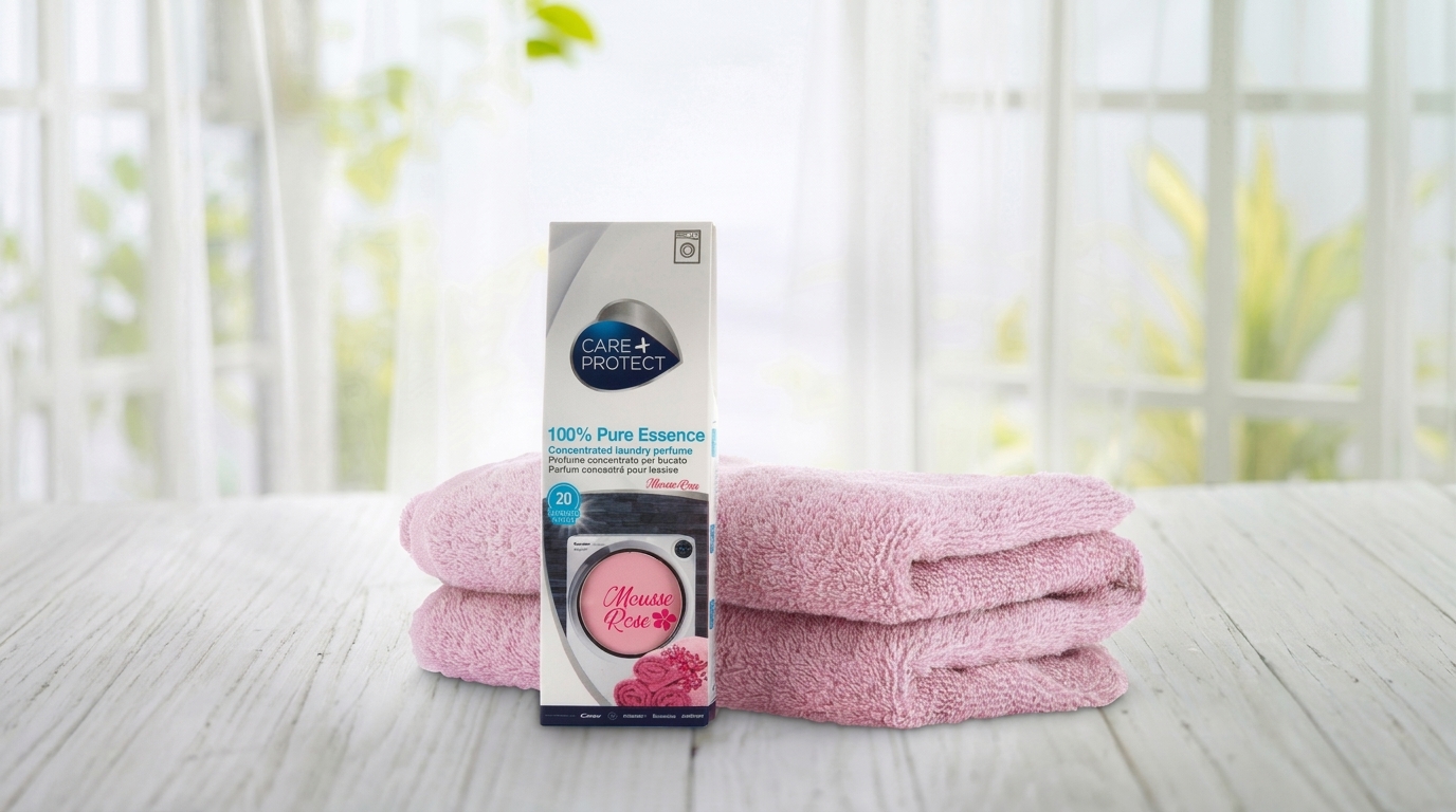 Balenie parfému do práčky Care+Protect Mousse Rose stojace pred poskladanými ružovými uterákmi na svetlom drevenom stole.