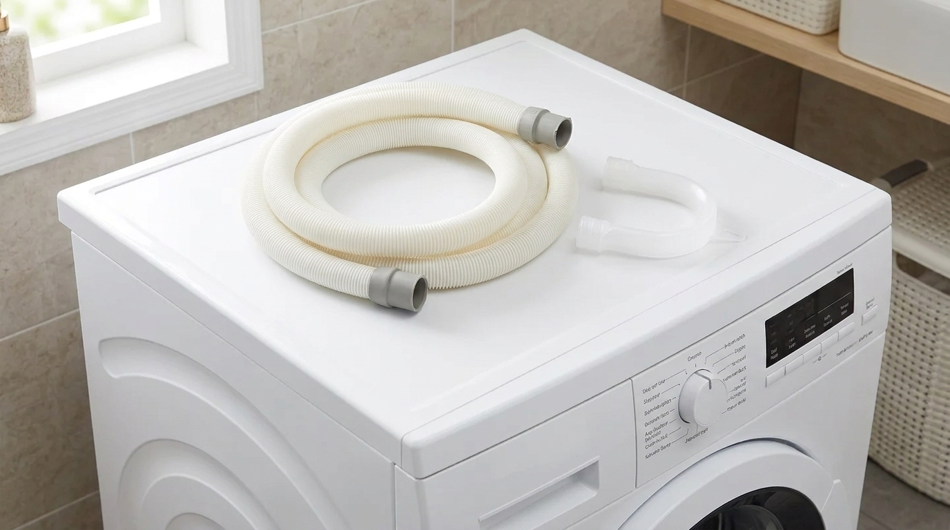 Bílá vypouštěcí hadice Electrolux s šedými koncovkami a plastovým vodicím obloukem položená na horní desce pračky.