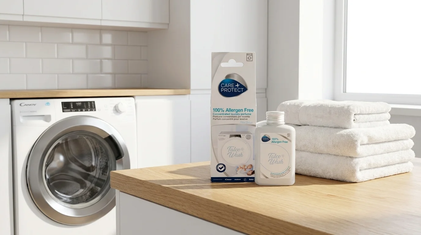 Balenie a fľaštička parfému do práčky Care+Protect Talco Wash na pulte vedľa bielych uterákov a práčky v pozadí.