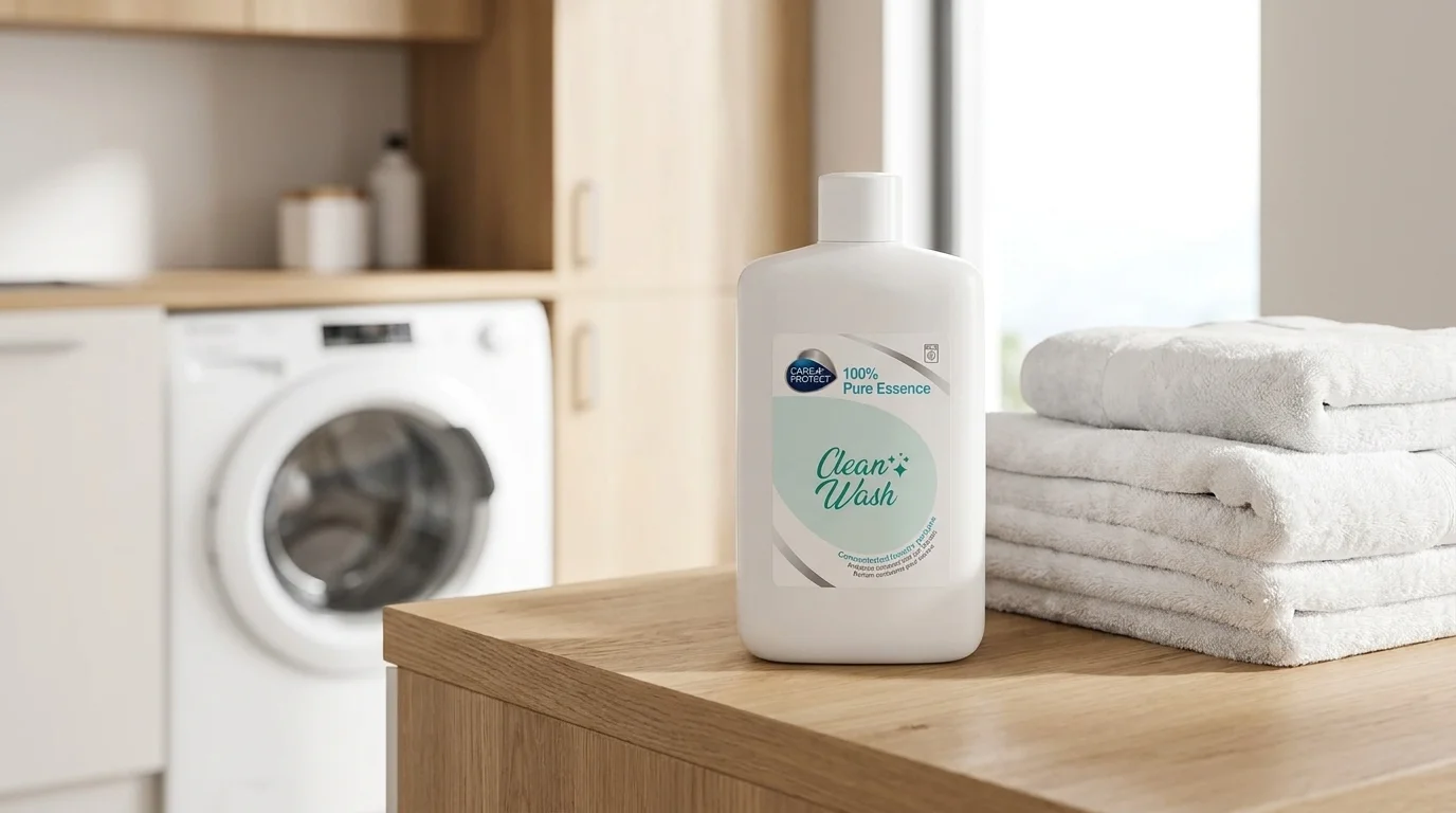 Fľaša parfému do práčky Care+Protect Clean Wash na drevenom pulte vedľa poskladaných uterákov s práčkou v pozadí.