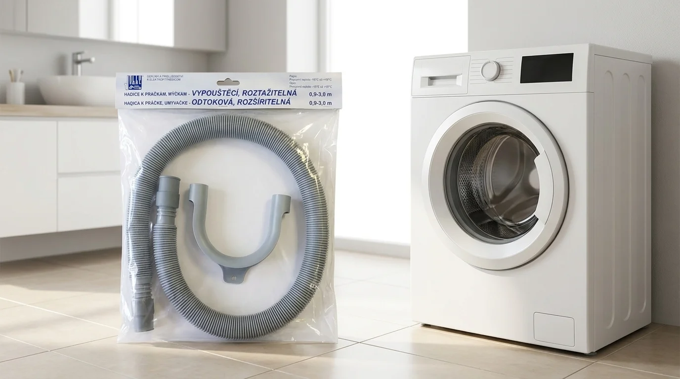 Šedá vypouštěcí hadice k pračce v průhledném balení s plastovým držákem stojící na podlaze vedle bílé pračky.