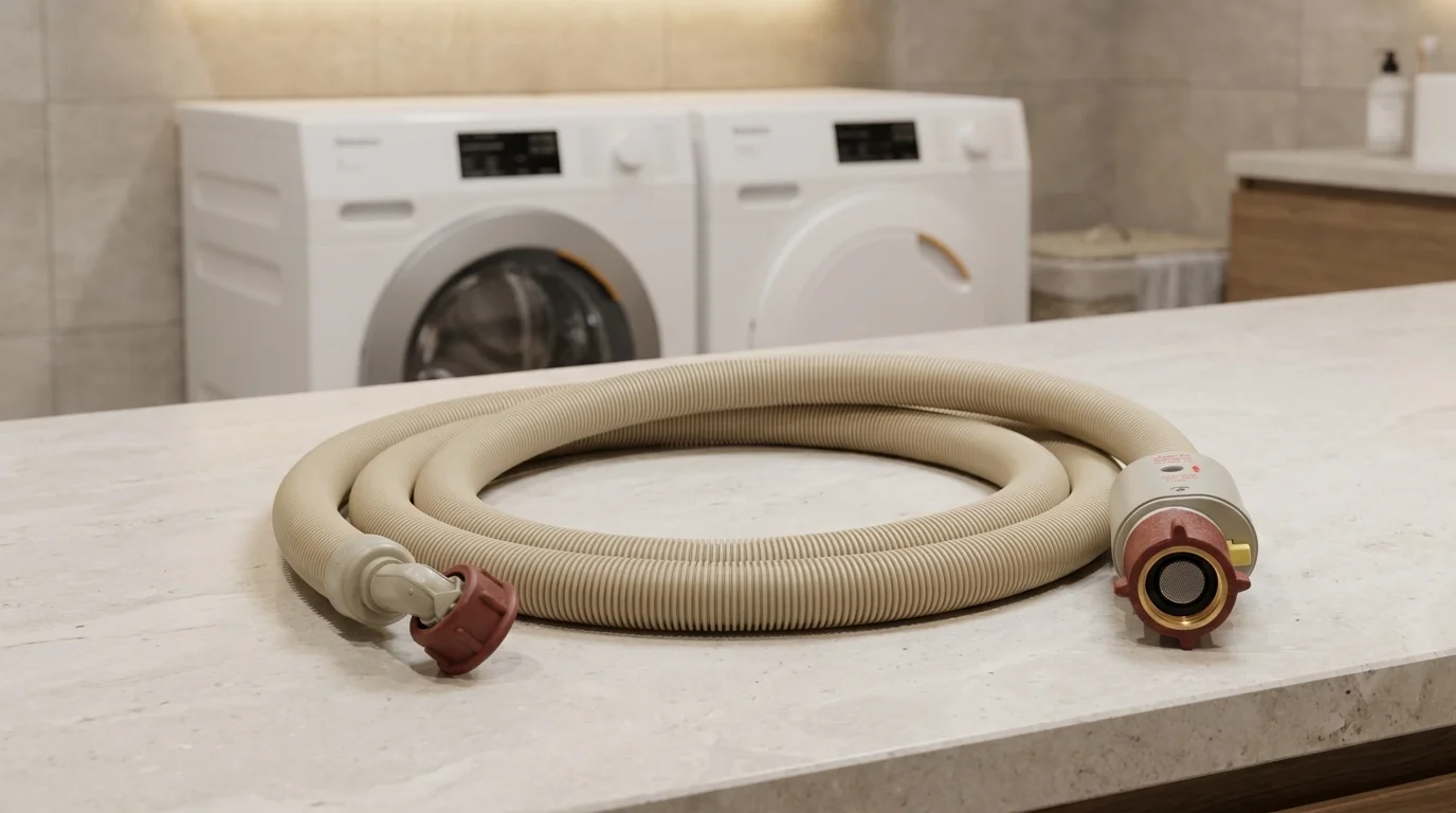 Stočená prívodná hadica Care+Protect s ventilom Aquastop na pulte s práčkou v pozadí.