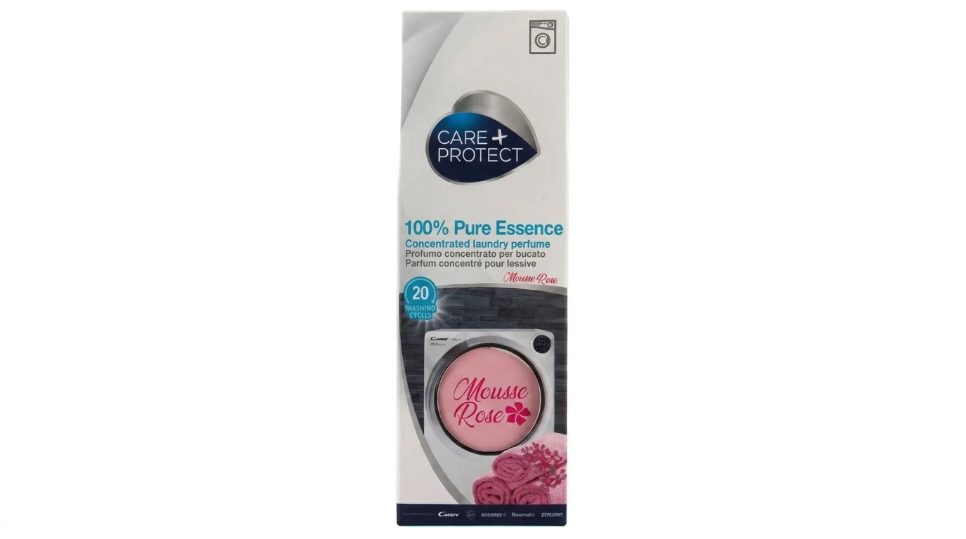 Balenie koncentrovaného parfému do práčky Care+Protect s vôňou Mousse Rose a označením 100% Pure Essence.