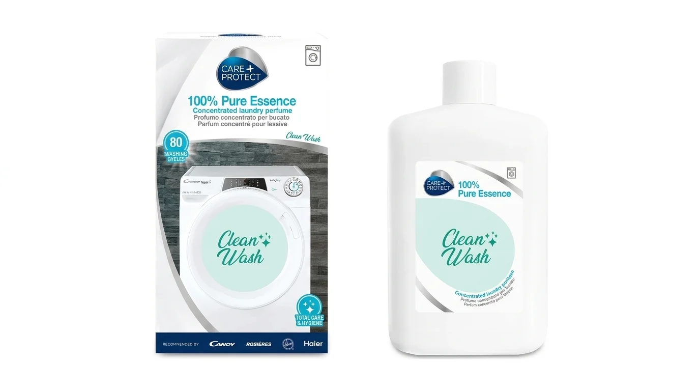 Papierové balenie a biela fľaša koncentrovaného parfému do práčky Care+Protect Clean Wash.
