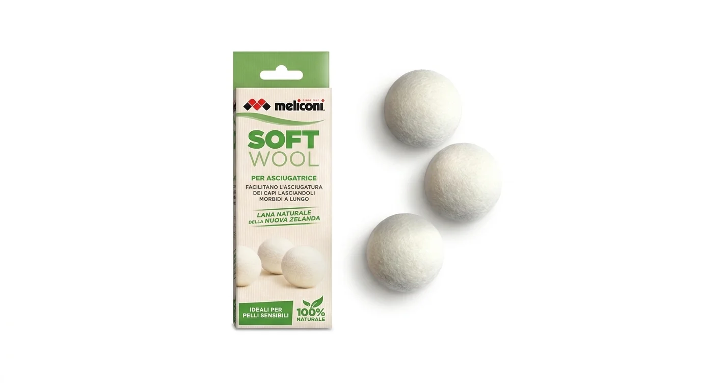 Balenie Meliconi Soft Wool a tri biele vlnené gule do sušičky.