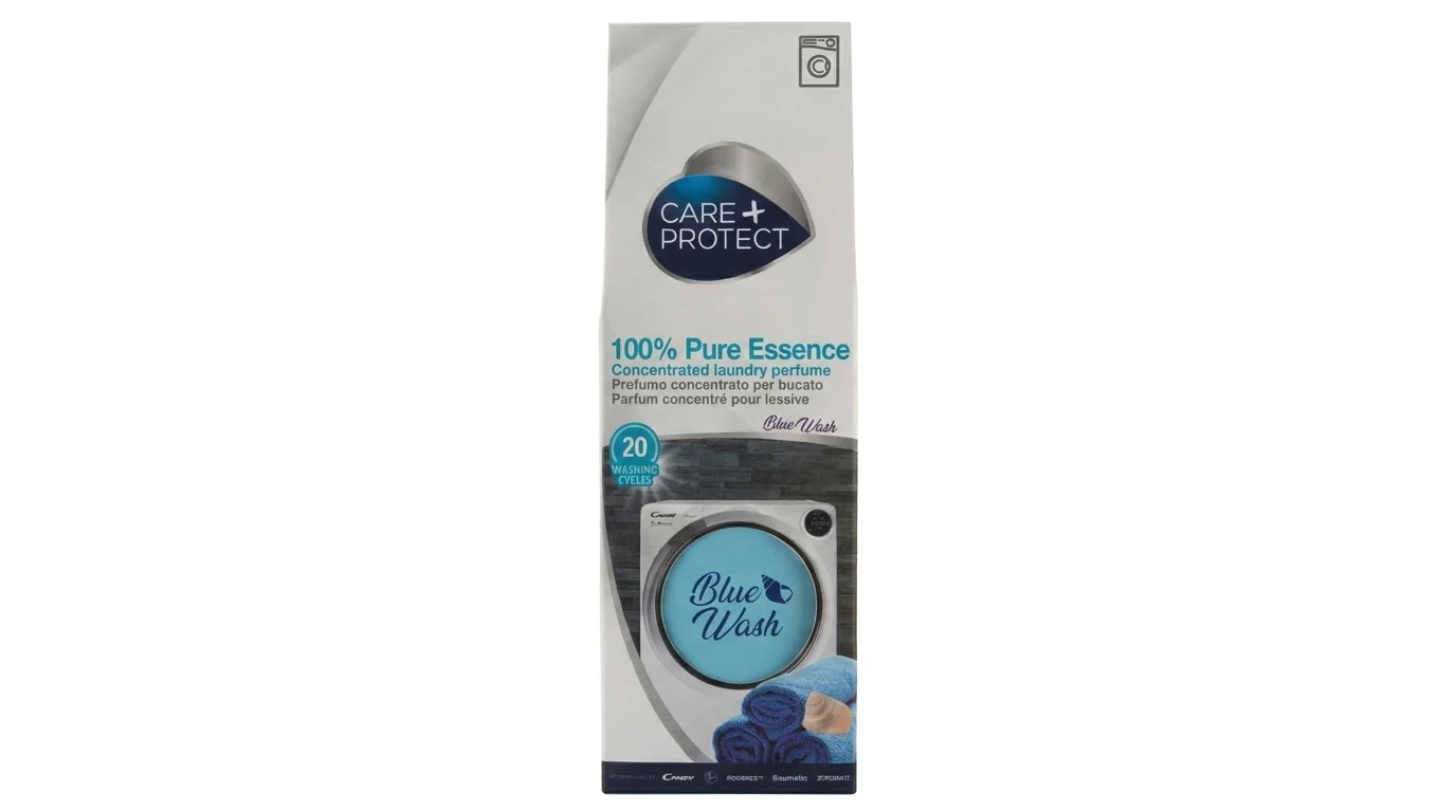 Balenie parfému do práčky Care+Protect Blue Wash s vyobrazením práčky a poskladaných modrých uterákov.