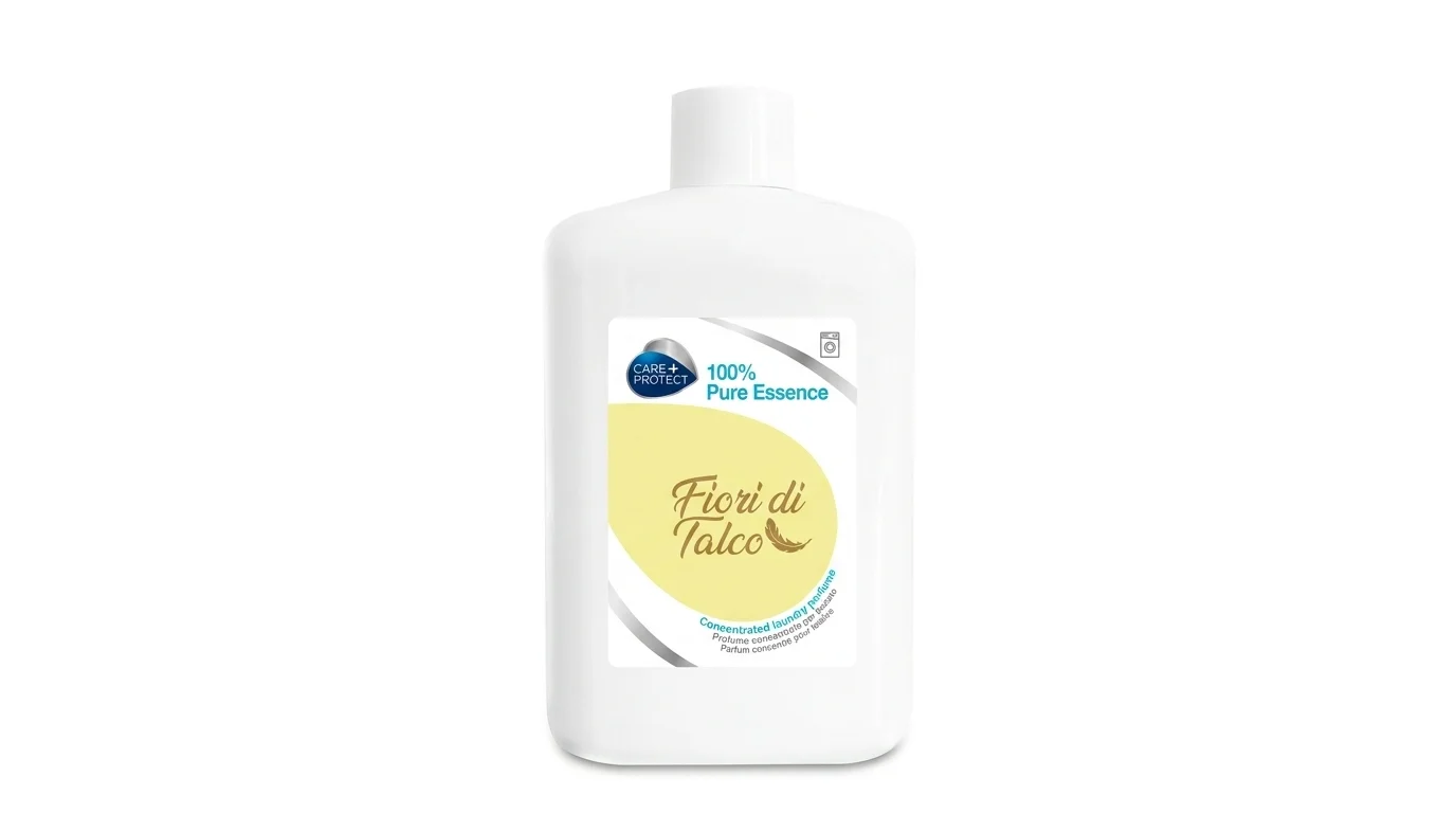 Koncentrovaný parfém do práčky Care+Protect Fiori di Talco v bielej fľaši so svetložltou etiketou.