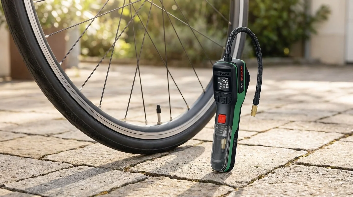 Akumulátorová hustilka Bosch s digitálním displejem a hadičkou stojí na venkovní dlažbě vedle kola bicyklu.
