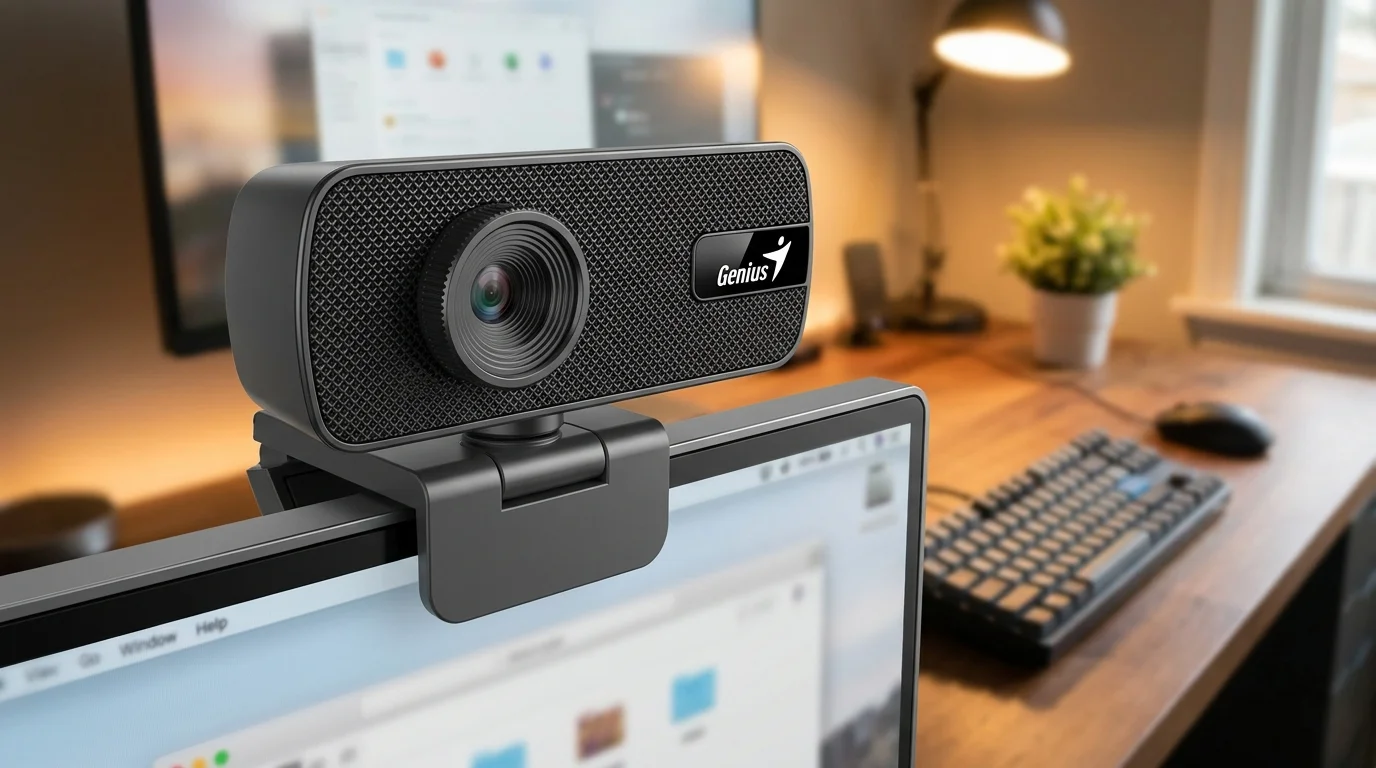Černá webkamera Genius FaceCam 1000X v2 připevněná na horní hraně monitoru na pozadí pracovního stolu.