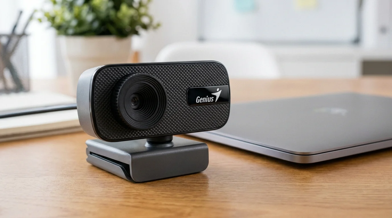 Černá webkamera Genius FaceCam 1000X v2 s texturovaným povrchem stojí na dřevěném stole vedle zavřeného notebooku.