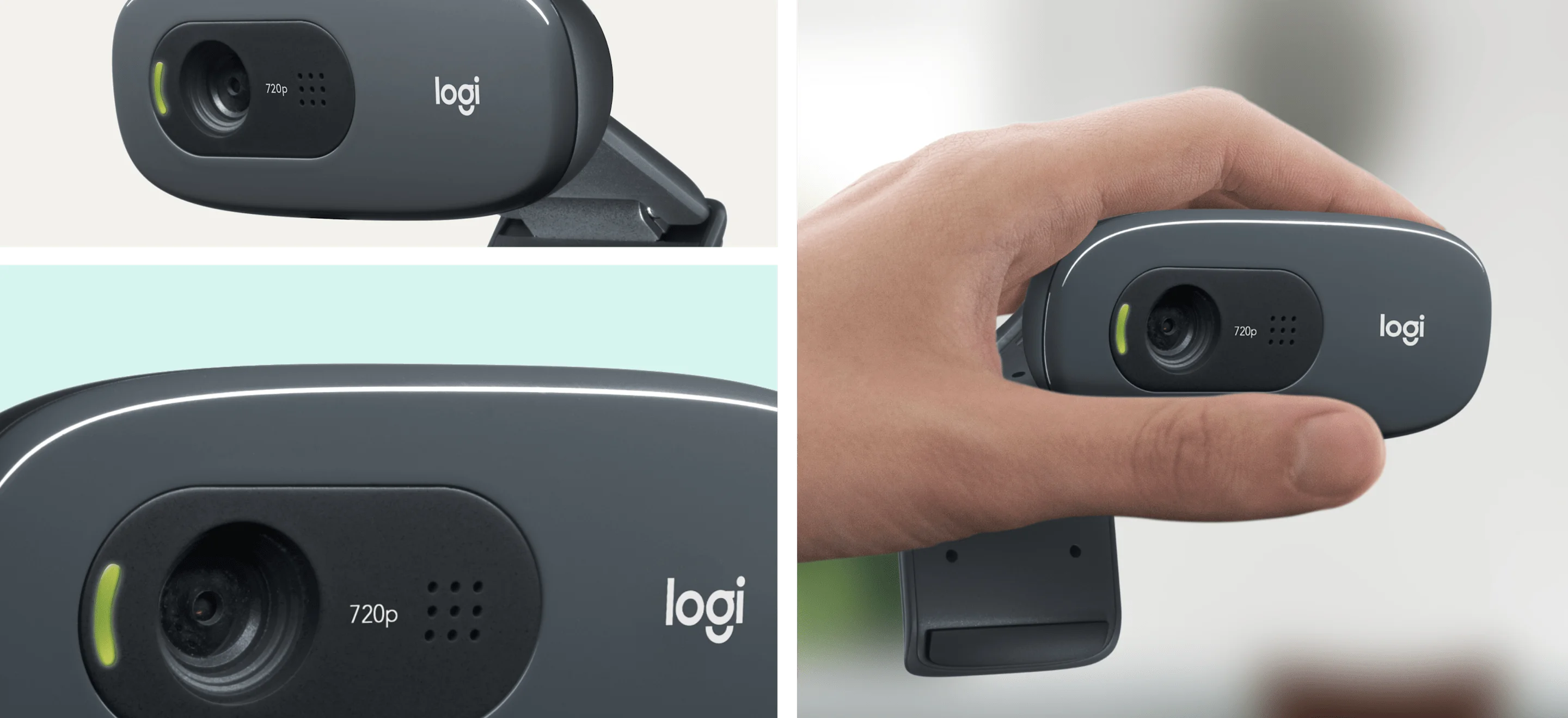 Tři pohledy na tmavě šedou webkameru Logitech C270 HD s logem logi a nápisem 720p, včetně ukázky její velikosti v ruce.
