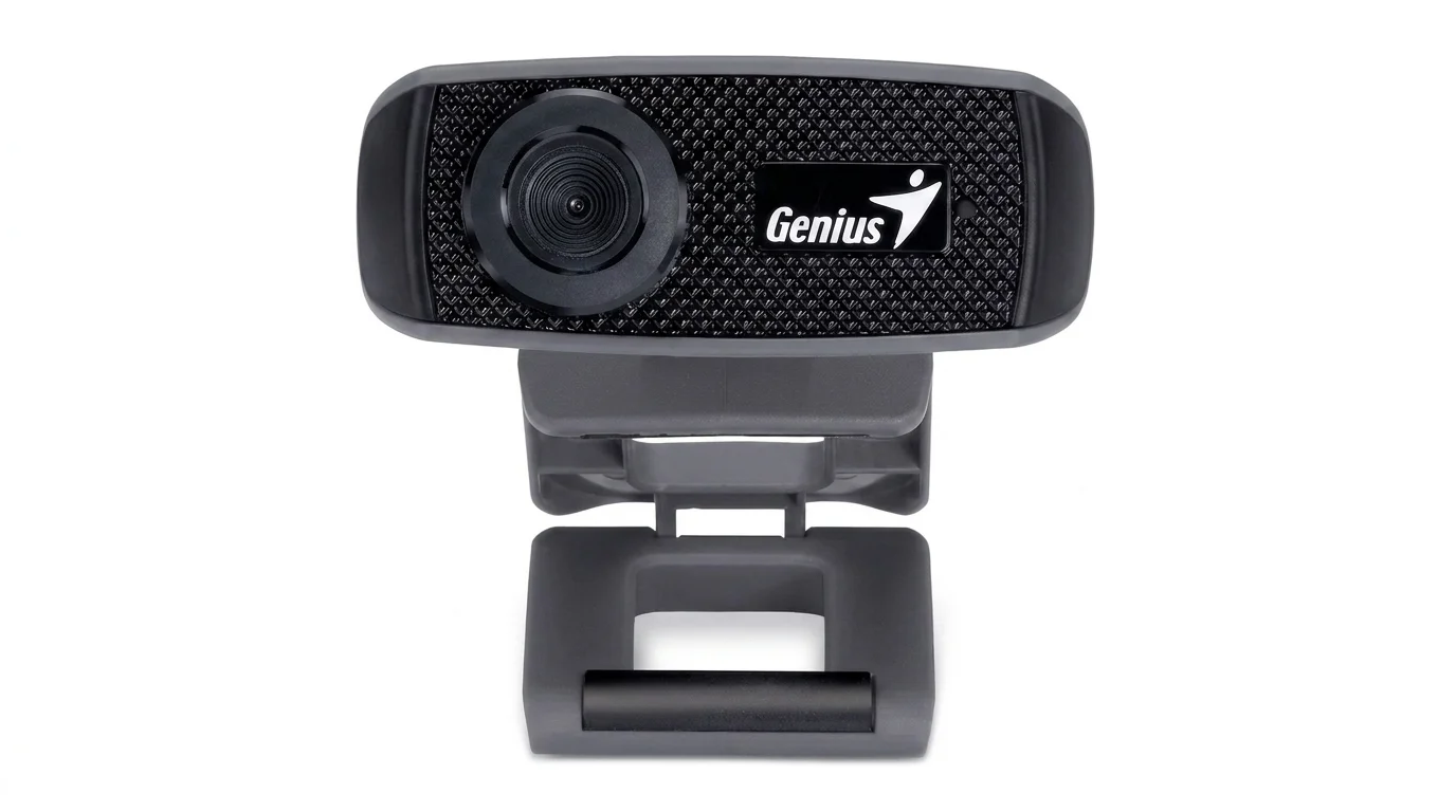 Černá webkamera Genius FaceCam 1000X v2 s nastavitelným šedým stojánkem na bílém pozadí.