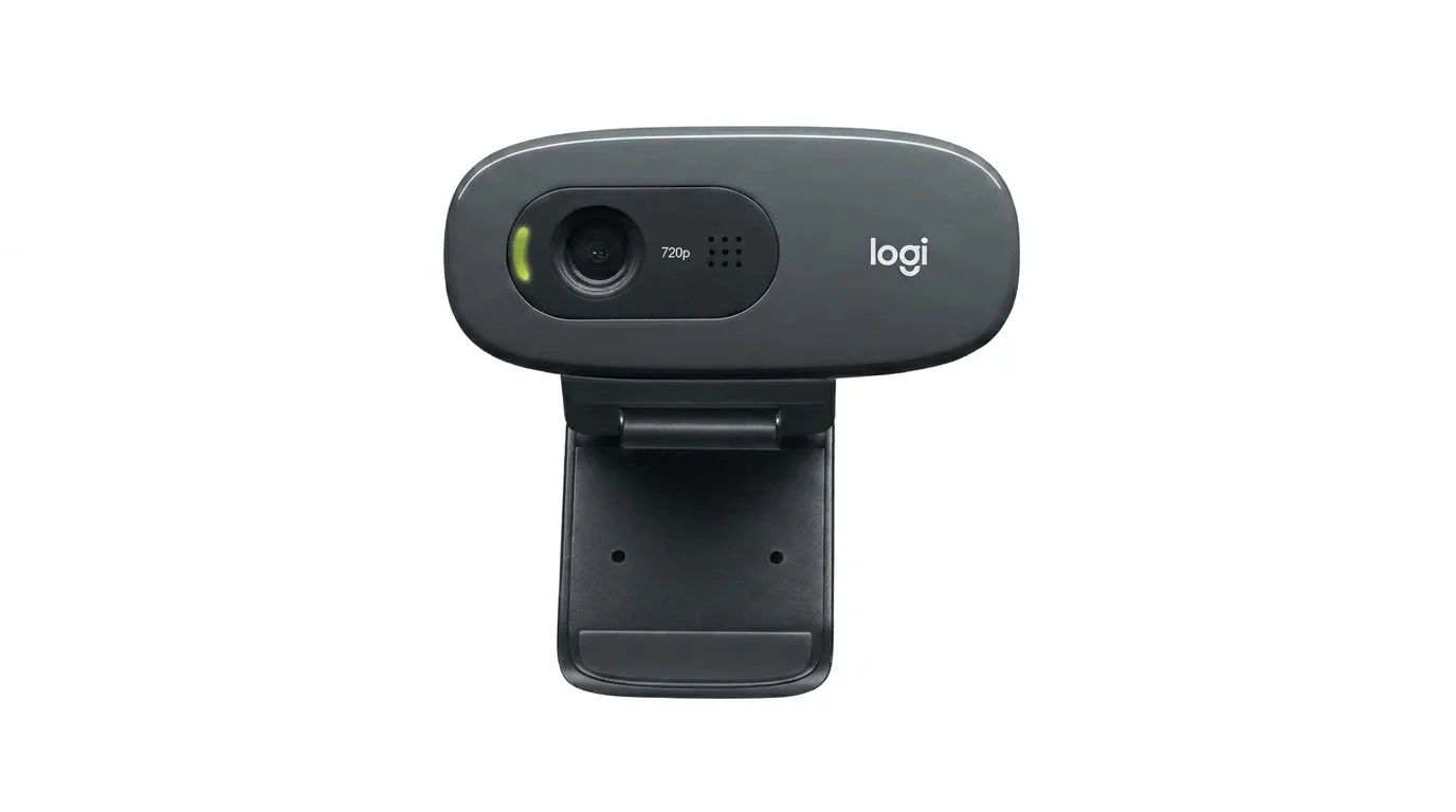 Šedá webkamera Logitech C270 HD s logem logi, objektivem s označením 720p a univerzálním klipem.