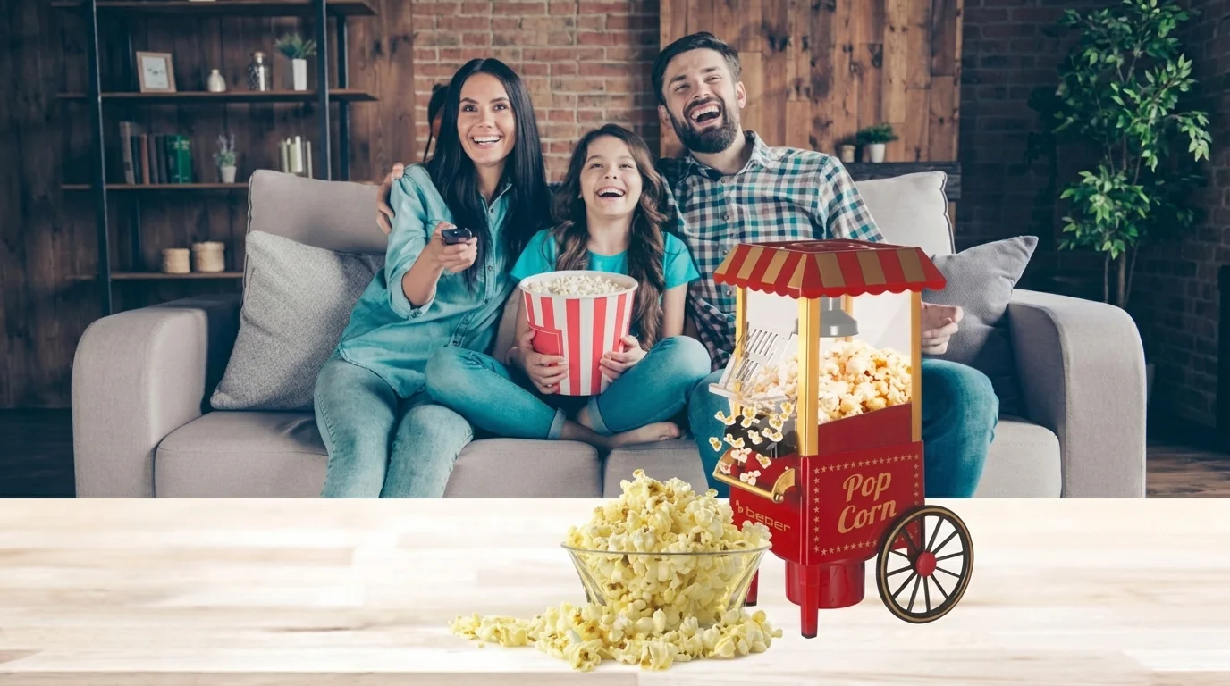 Retro popkornovač Beper BEP-BT651-Y a miska plná popcornu na stole před usmívající se rodinou na pohovce.