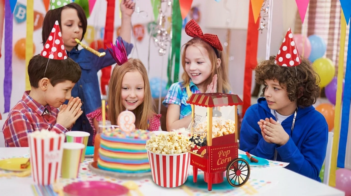 Červený retro popkornovač Beper ve tvaru vozíku na dětské oslavě s barevným dortem a kelímkem plným popcornu.