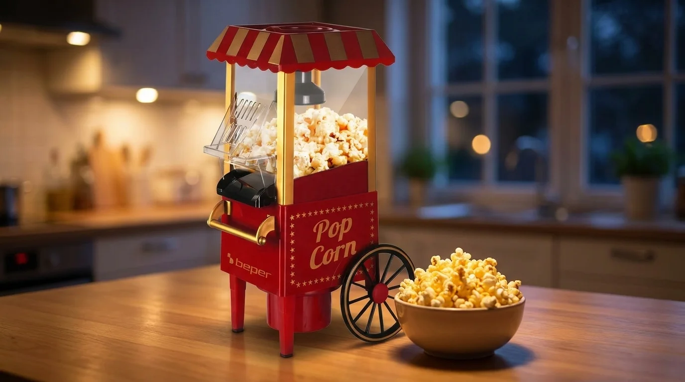 Červený popkornovač Beper BEP-BT651-Y v retro designu pouťového vozíku stojí na dřevěném stole vedle misky s popcornem.