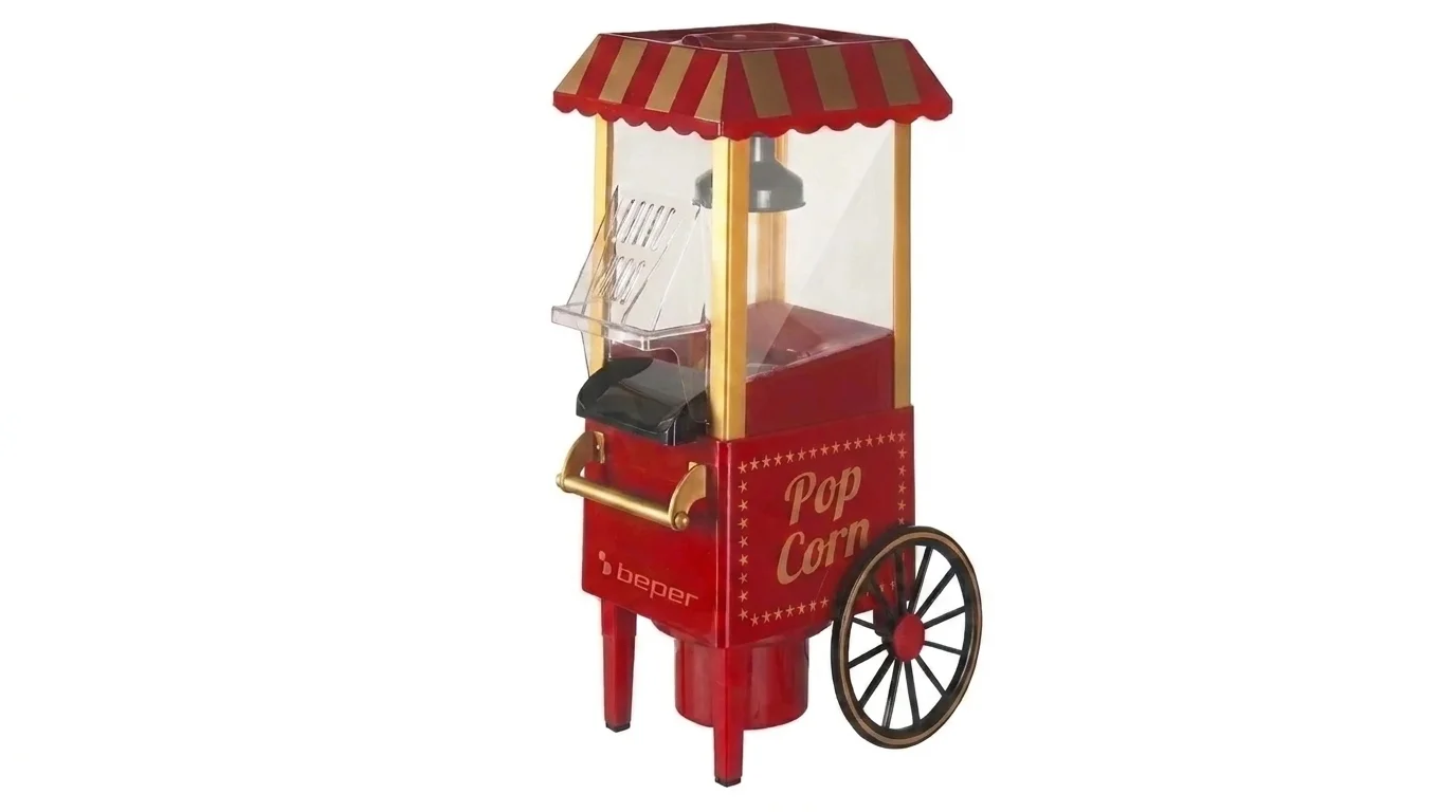 Červený retro popkornovač Beper BEP-BT651-Y ve tvaru vozíku s nápisem Pop Corn a průhlednou komorou.