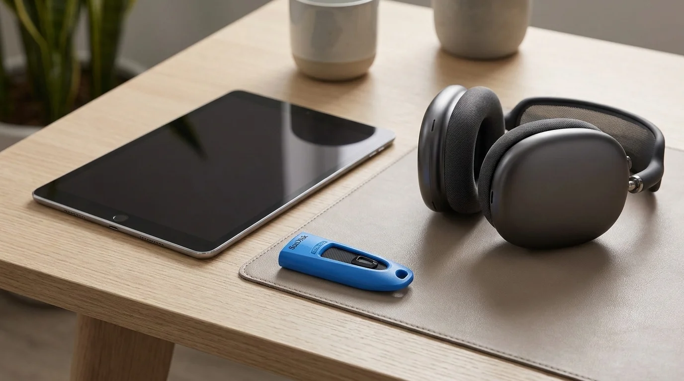 Modrý flashdisk SanDisk položený na pracovní podložce vedle tabletu a velkých sluchátek.