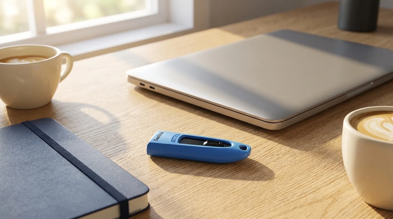 Modrý flashdisk SanDisk položený na dřevěném stole vedle notebooku, zápisníku a šálků kávy.