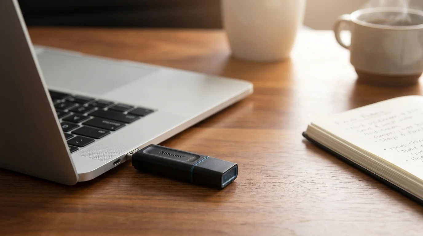 Černý flashdisk Kingston zapojený do USB portu notebooku na dřevěném stole.