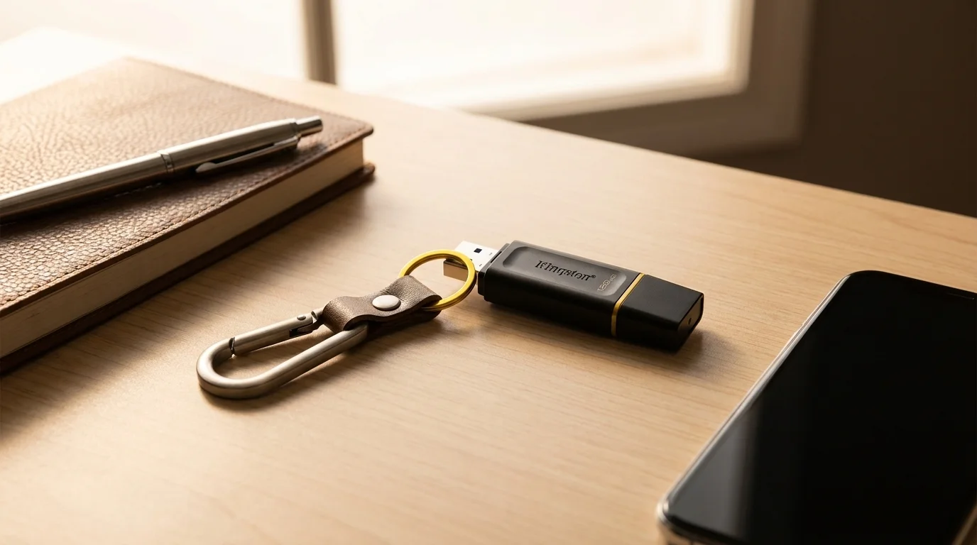 Flashdisk Kingston DataTraveler připojený ke karabině leží na dřevěném stole vedle zápisníku a mobilního telefonu.