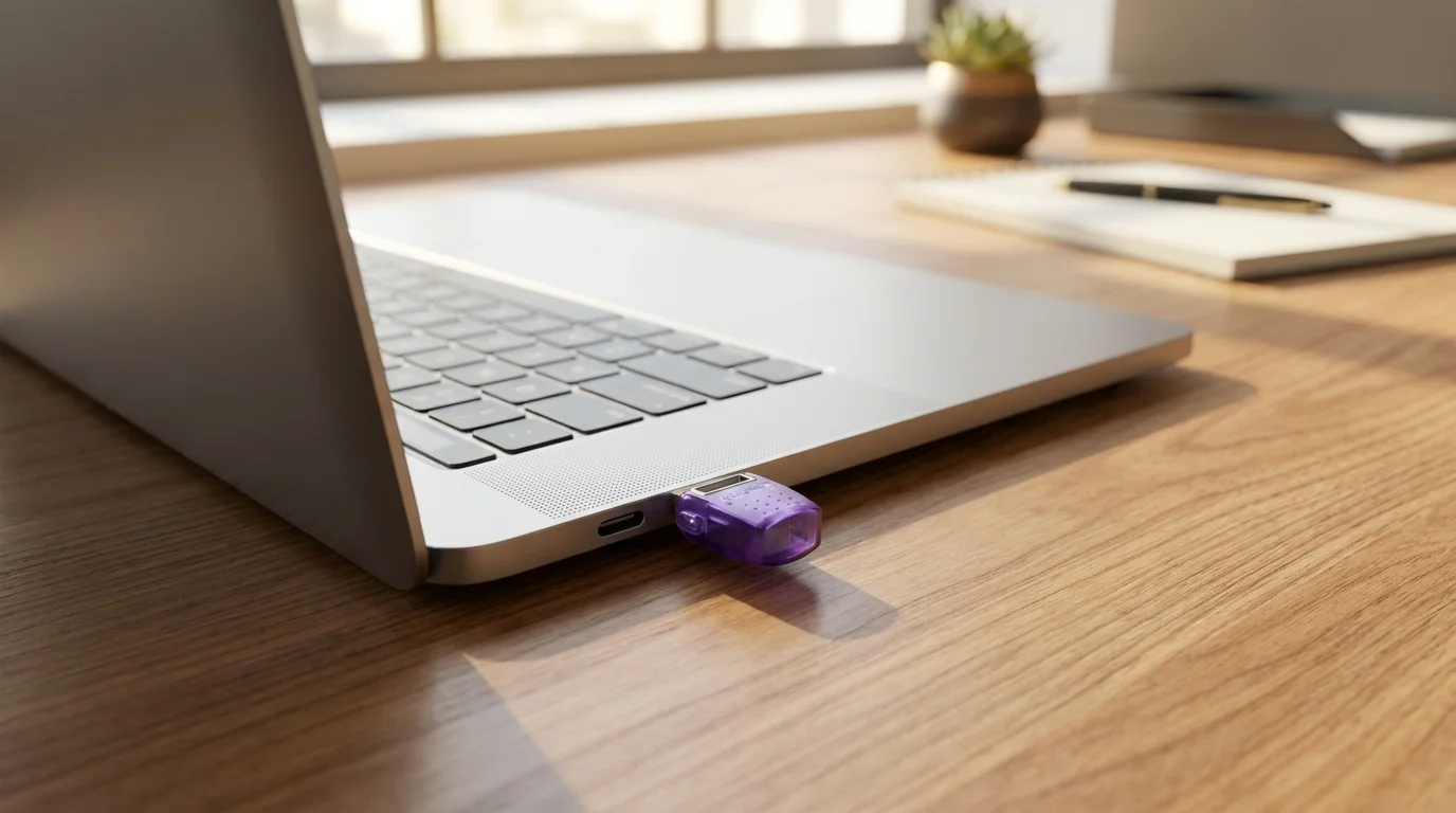 Fialový flashdisk Kingston DataTraveler microDuo 3C zapojený v bočním portu stříbrného notebooku na dřevěném stole.