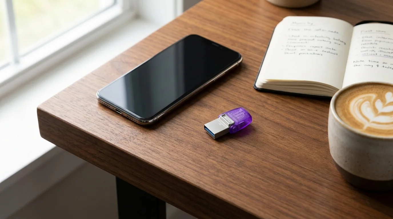 Flashdisk Kingston DataTraveler microDuo 3C na dřevěném stole vedle mobilního telefonu, otevřeného zápisníku a kávy.