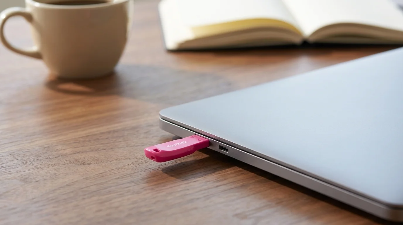 Růžový flashdisk SanDisk Cruzer Blade zapojený do USB portu notebooku na dřevěném stole.