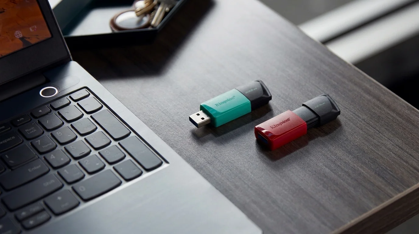 Tyrkysový a červený flash disk Kingston DataTraveler Exodia M položené na stole vedľa notebooku.