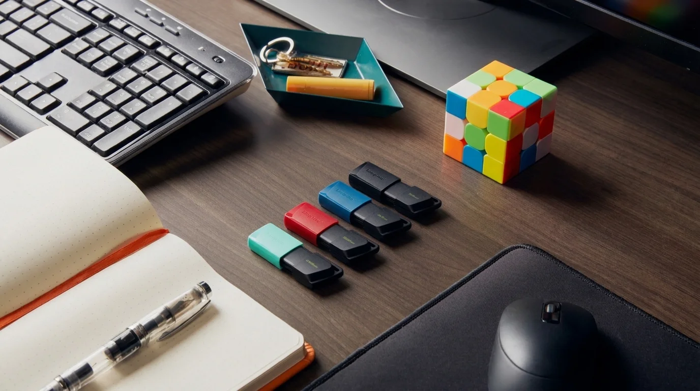 USB kľúče Kingston DataTraveler Exodia M v rôznych farbách položené na pracovnom stole vedľa zápisníka, klávesnice a myši.