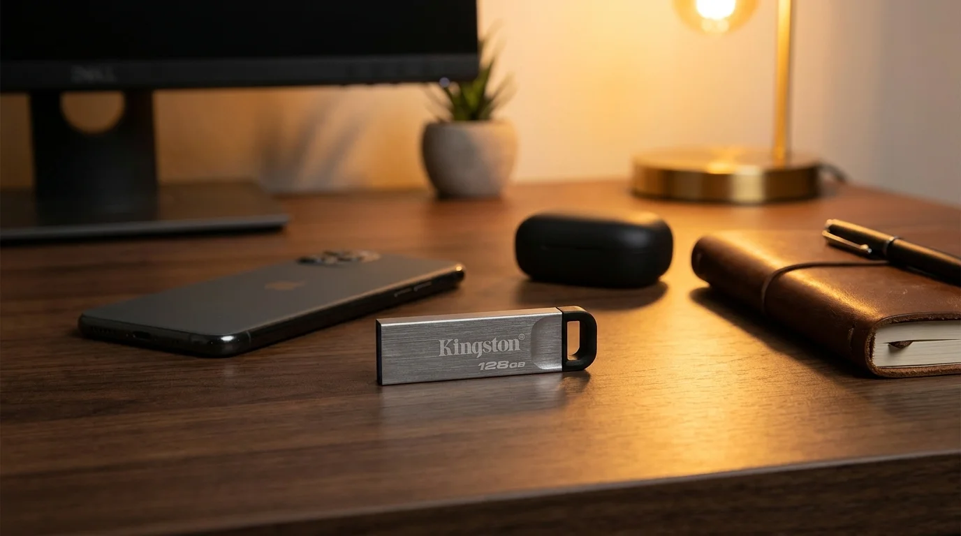 Kovový flash disk Kingston DataTraveler 128GB položený na drevenom stole vedľa smartfónu a zápisníka.