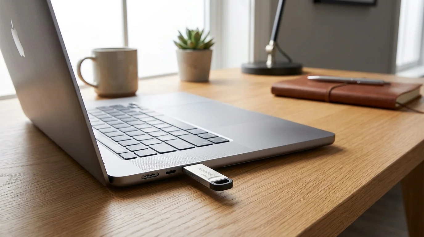 Strieborný flash disk Kingston DataTraveler zapojený v bočnom porte notebooku na drevenom stole.