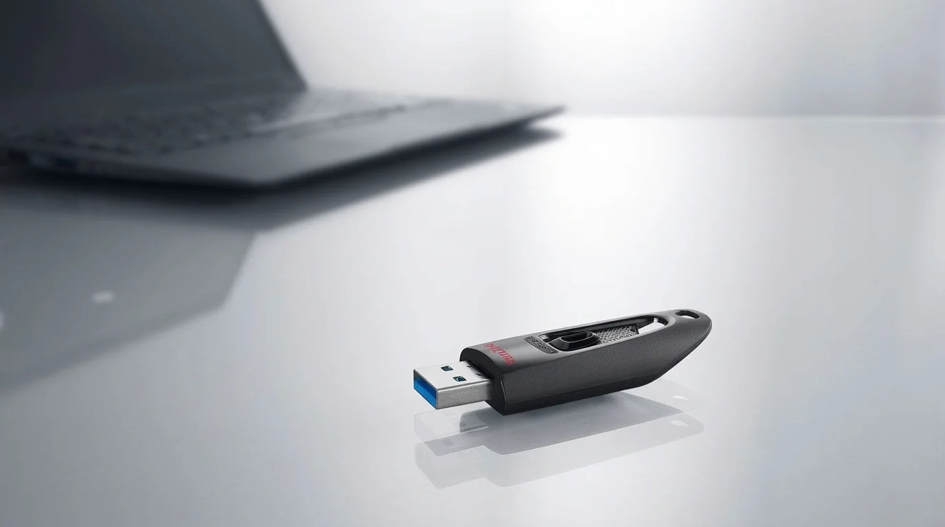 Černý flashdisk SanDisk Ultra s vysunutým USB konektorem ležící na světlém stole před notebookem.