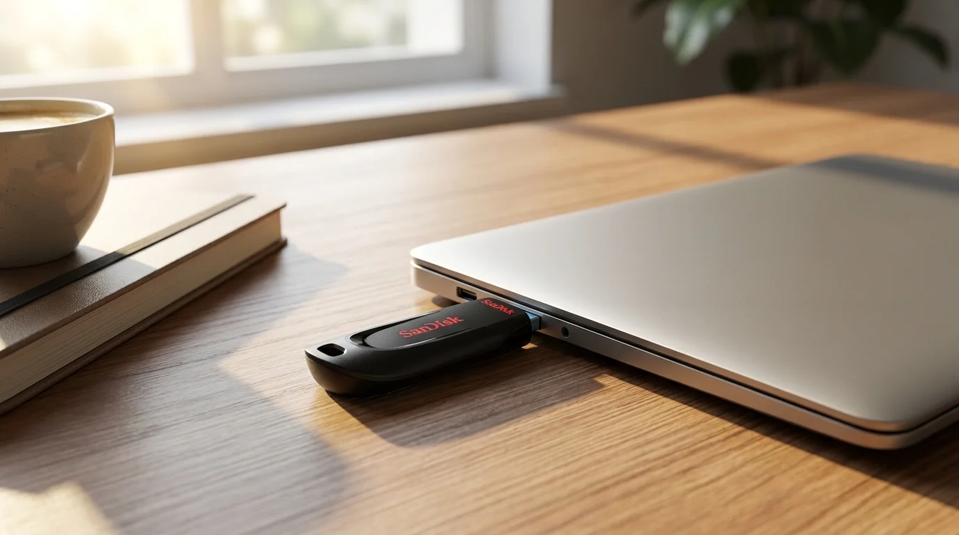 Černý flashdisk SanDisk zapojený do USB portu notebooku položeného na dřevěném stole.