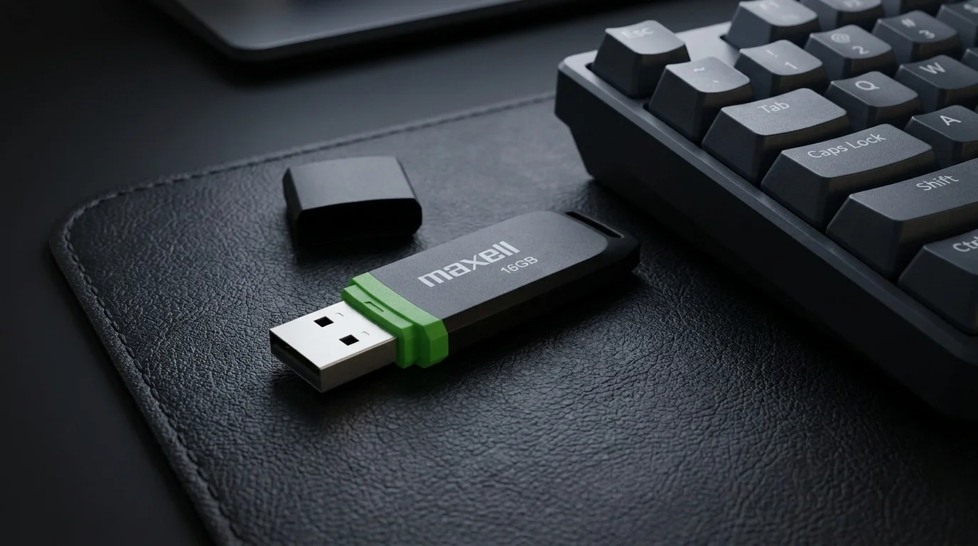 Černý flashdisk Maxell Speedboat 16GB se zeleným detailem a sejmutou krytkou na podložce vedle klávesnice.