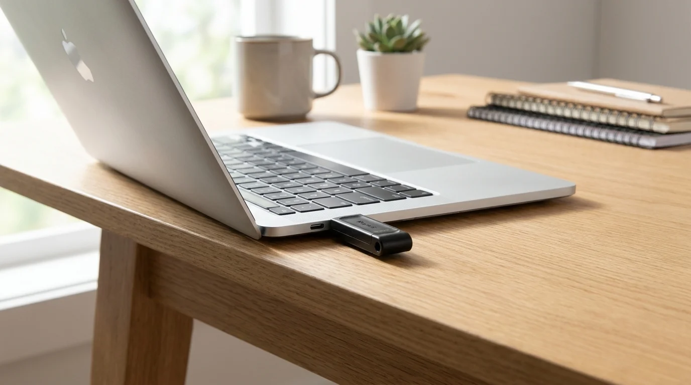 Černý flashdisk Kingston DataTraveler 70 zapojený do USB-C portu stříbrného notebooku na dřevěném stole.