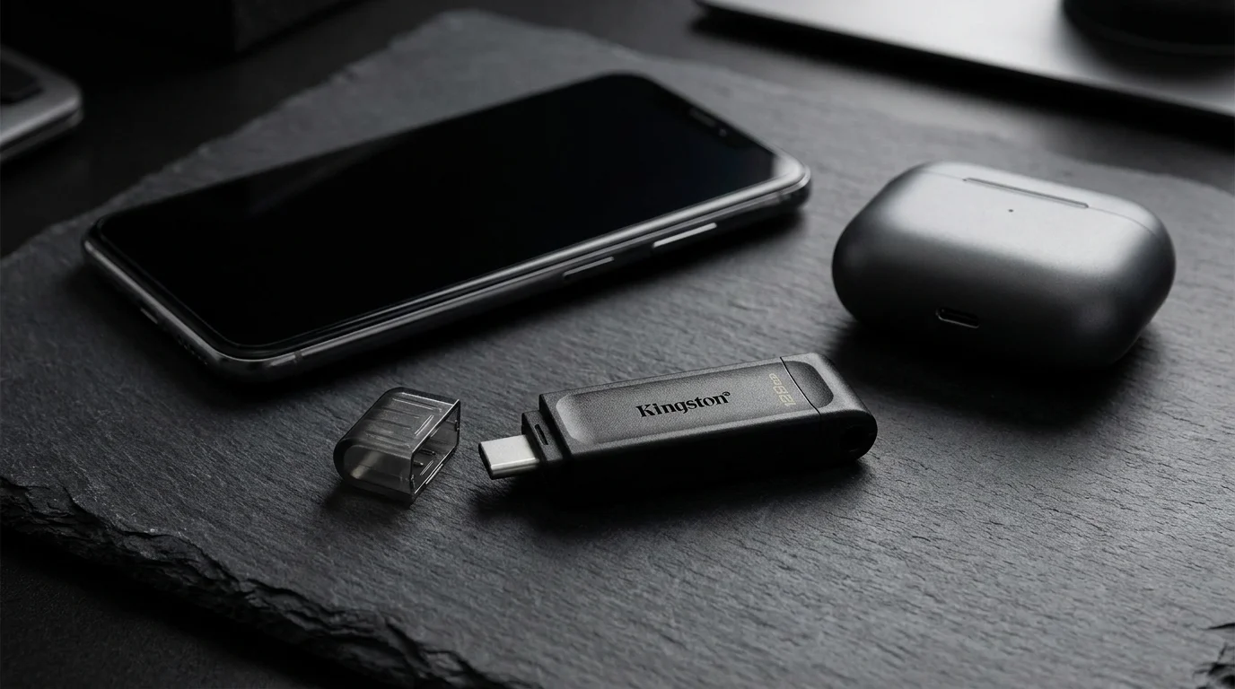 Černý USB-C flashdisk Kingston DataTraveler 70 s odnímatelnou krytkou položený vedle smartphonu a bezdrátových sluchátek.
