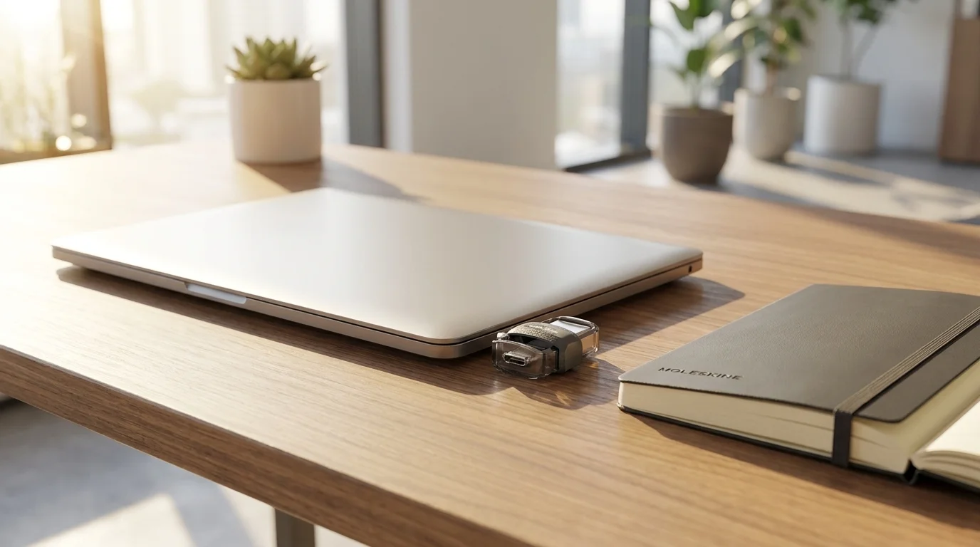 Flashdisk SanDisk Ultra Dual položený na dřevěném stole vedle zavřeného notebooku a zápisníku.
