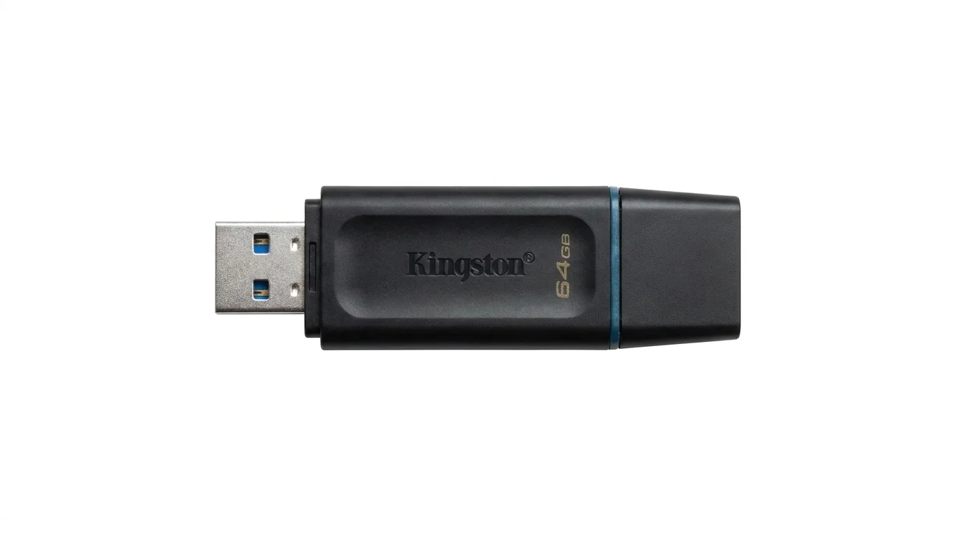 Černý flashdisk Kingston s kapacitou 64 GB, konektorem USB-A a krytkou nasazenou na zadní straně.