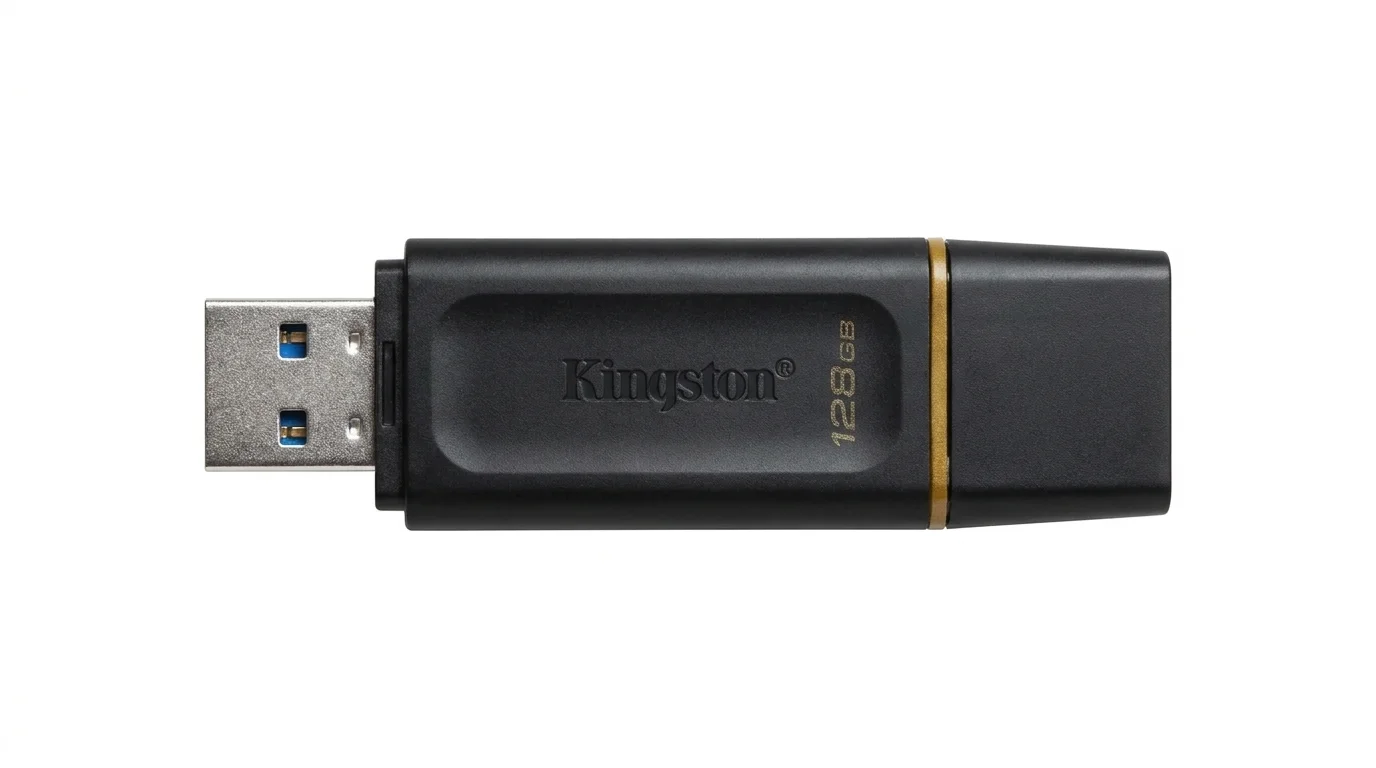 Černý flashdisk Kingston 128GB s odhaleným USB konektorem a nasazenou krytkou se žlutým proužkem.