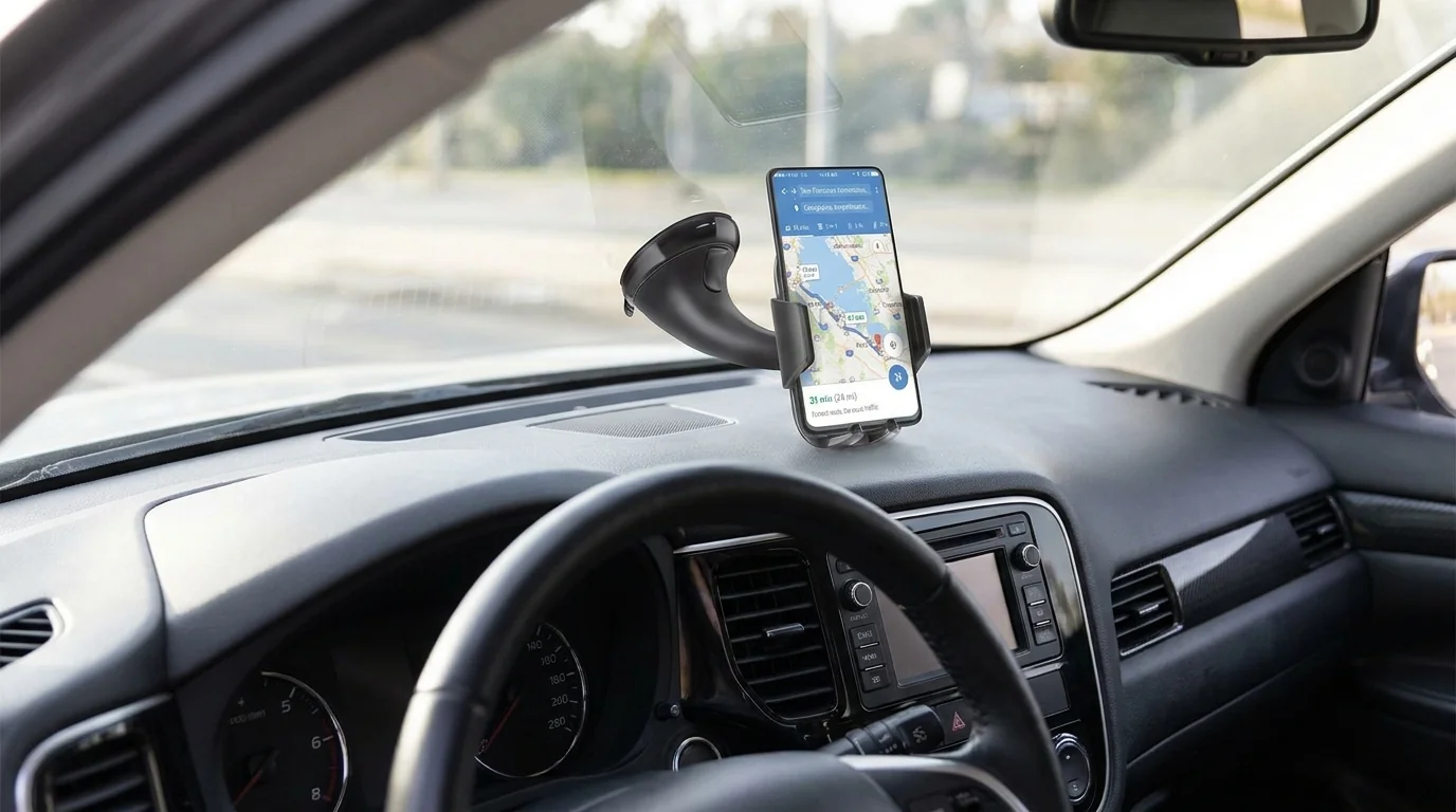 Čierny držiak SBS FREEWAY s prísavkou upevnený na čelnom skle auta drží smartfón so spustenou navigáciou.